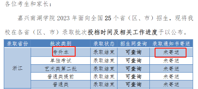 嘉興南湖學(xué)院專升本錄取通知書