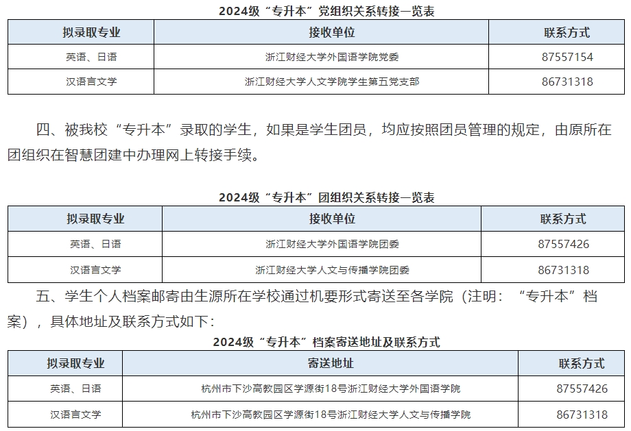 2024年浙江財(cái)經(jīng)大學(xué)專(zhuān)升本新生黨團(tuán)關(guān)系轉(zhuǎn)接、檔案郵寄通知